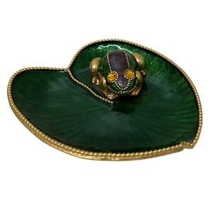 Vintage Enamel Frog on Lily Pad Trinket Dish Green Gold Jeweled 4.5"
